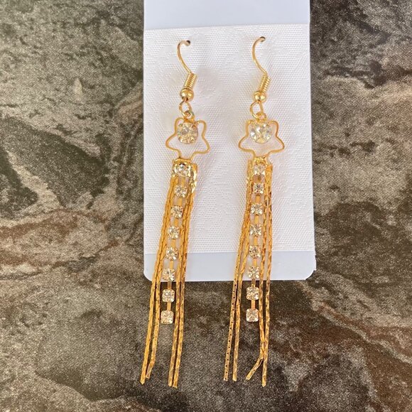 Shooting Star Earrings w/Trail of Dangling Goldtone Rhinestone Tassles - Picture 3 of 8